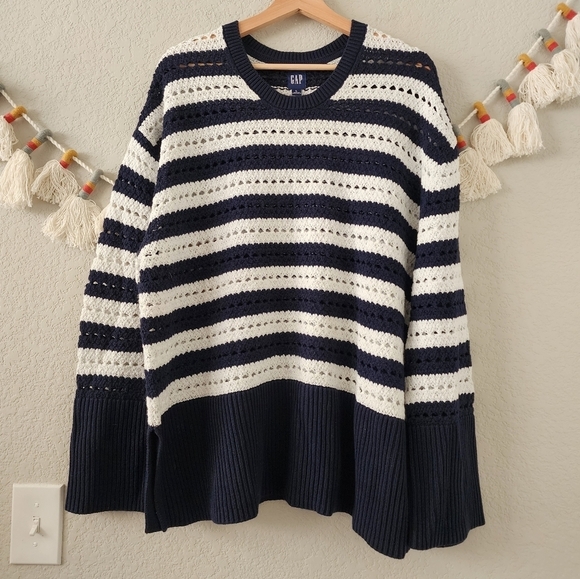 GAP 24/7 Spit Hem Crochet Stripe Chunky Knit Boxy Oversize Pullover Sweater L - Picture 1 of 13
